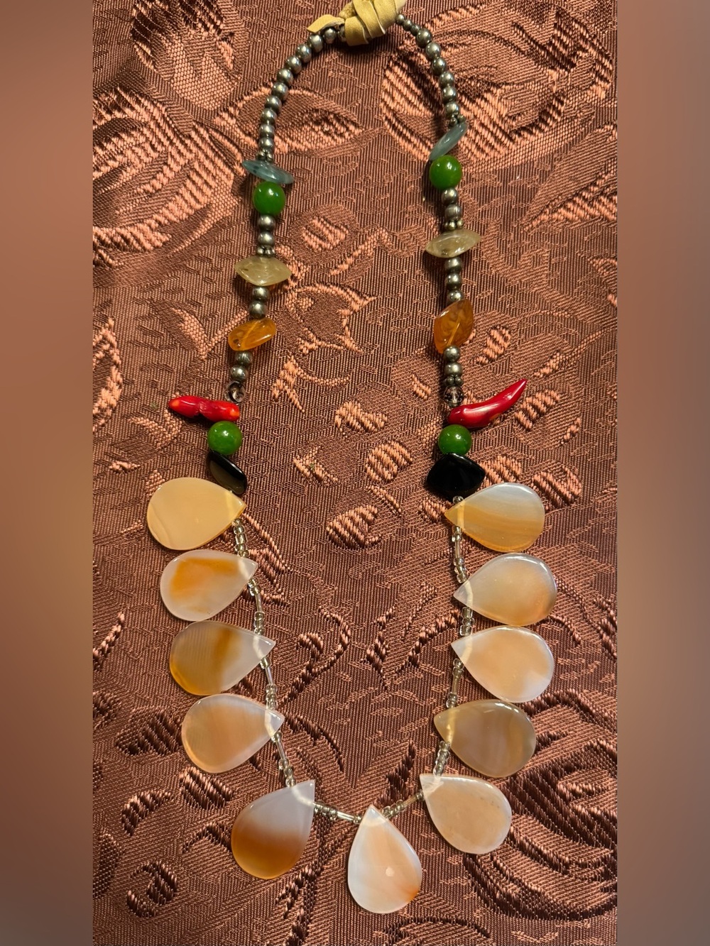 Vintage Boho Agate Teardrop Gemstone Beaded Necklace Tribal Artisan Southwestern